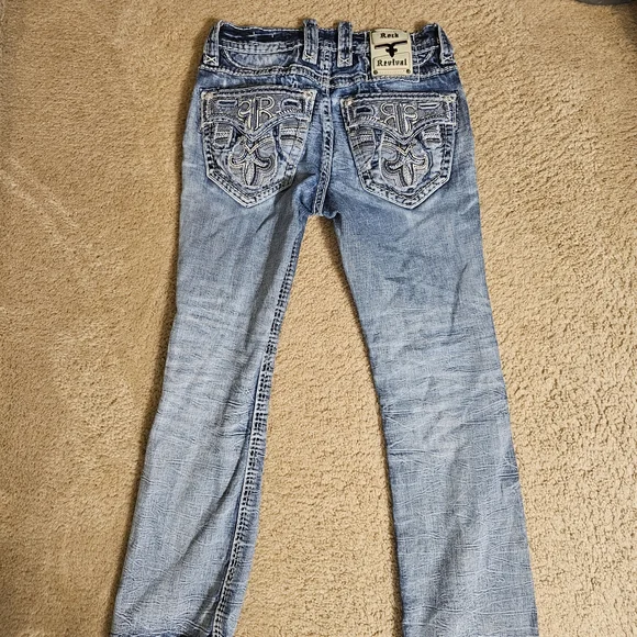 Rock Revival Blue Distressed Embroidered Jeans . Inseam Is 30 - Picture 5 of 7